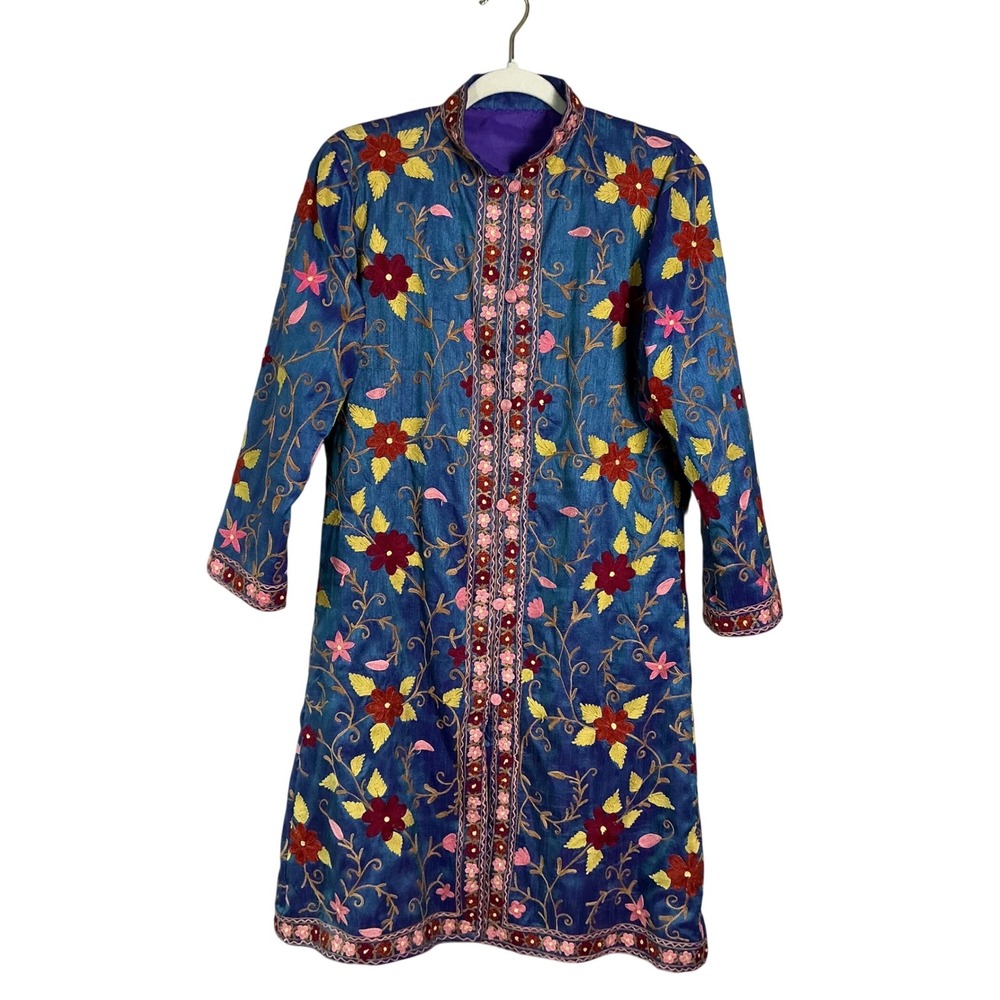 Blue Floral Embroidered Longline Coat Mandarin Collar Button Front Boho Jacket